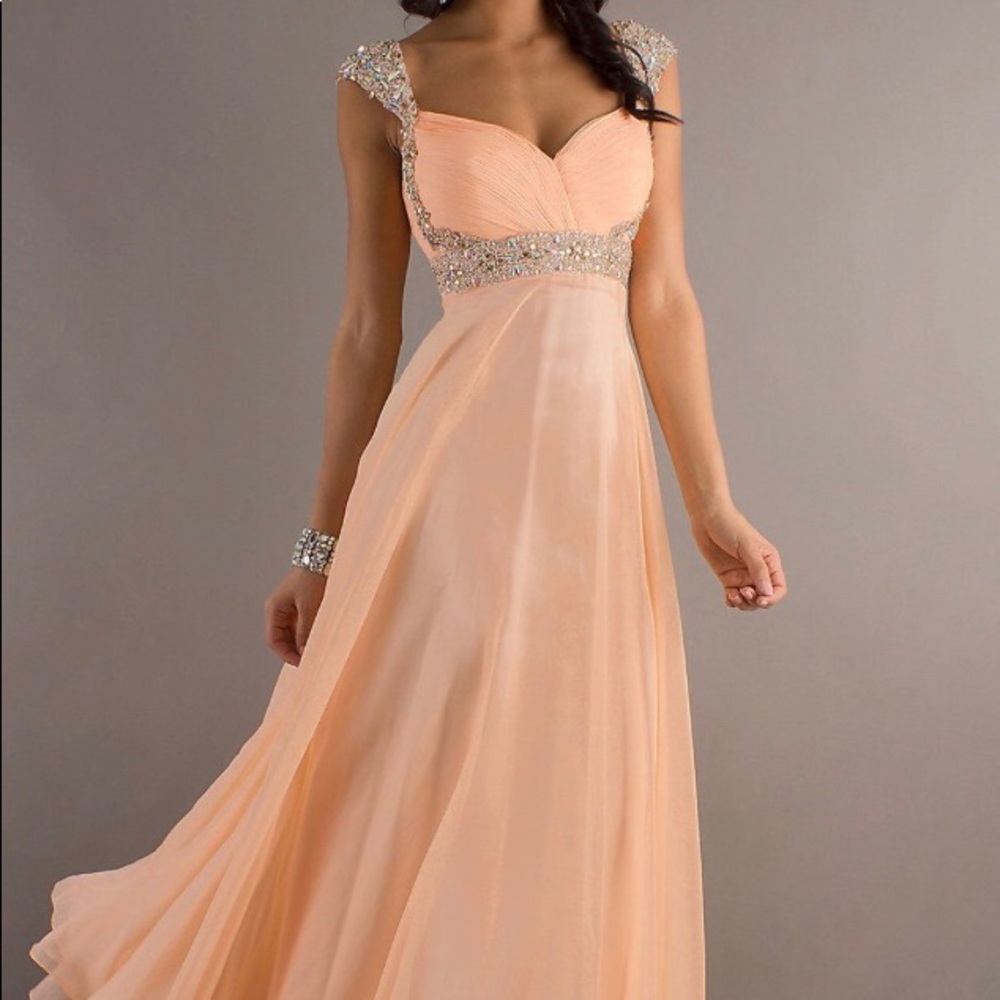 LONG PEACH PROM DRESS WITH RHINESTONES